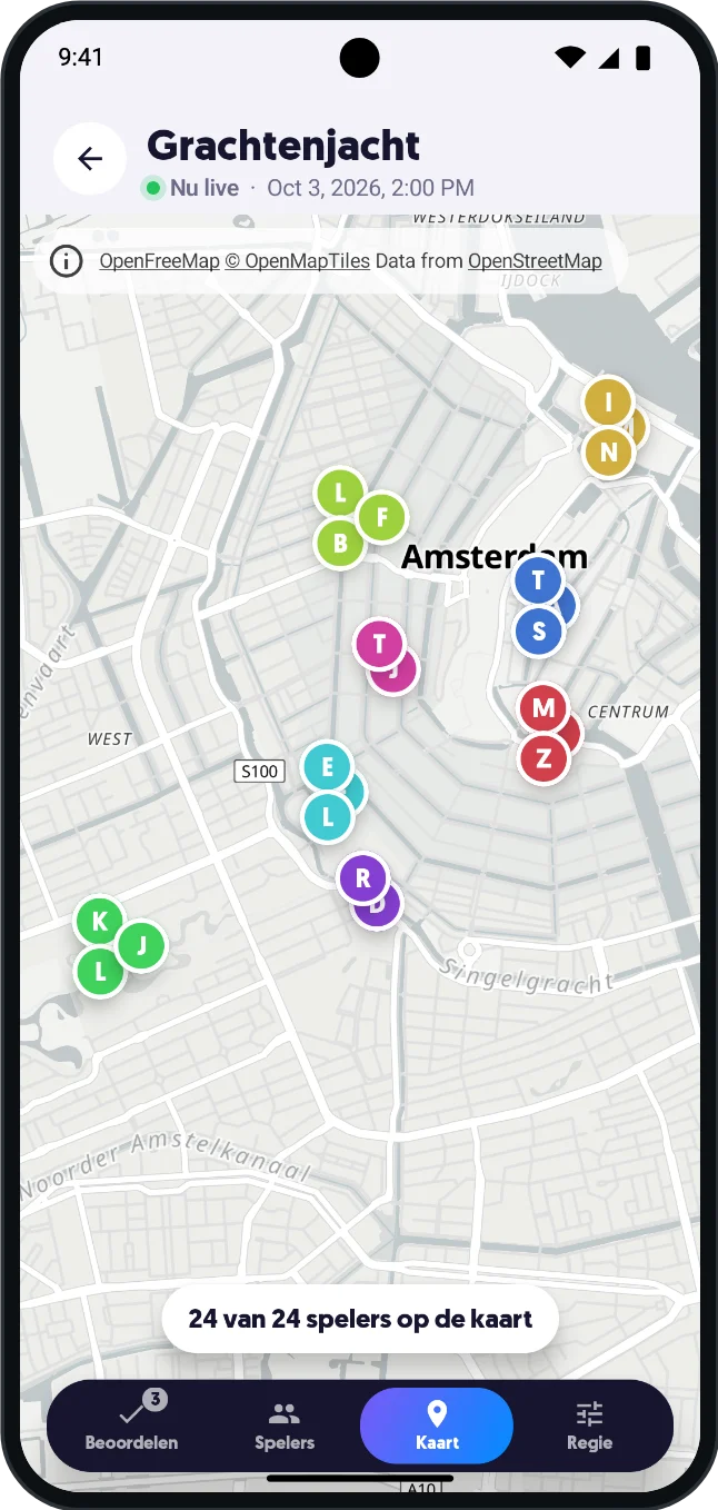 Organisatorweergave met spelers op de kaart in de HuntHopper-app