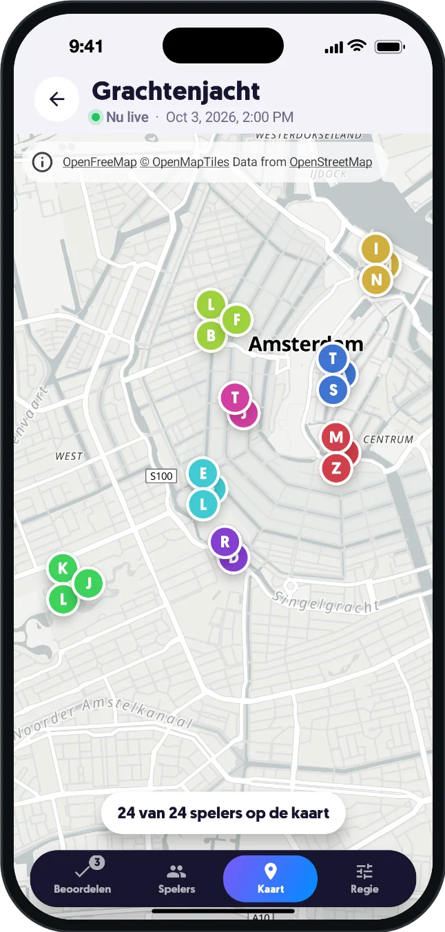 Organisatorweergave met spelers op de kaart in de HuntHopper-app